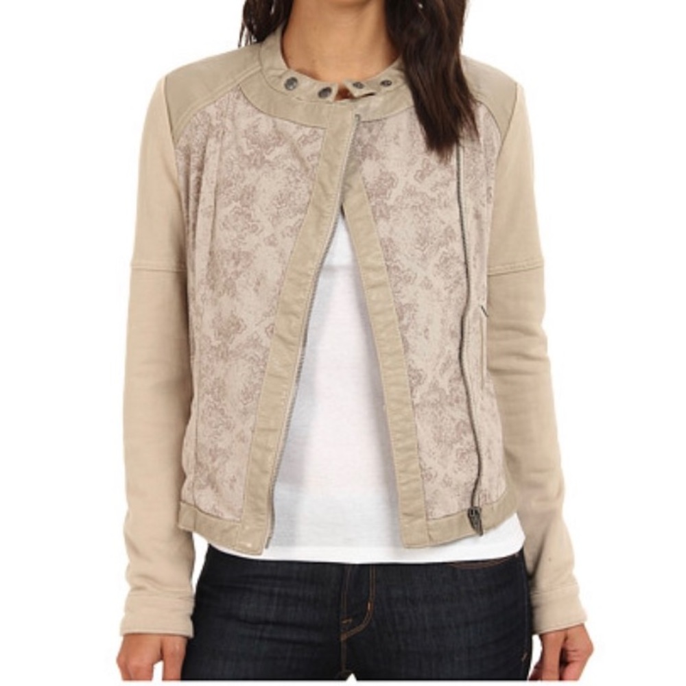 Free People Khaki Jacquared Vegan Moto Jacket